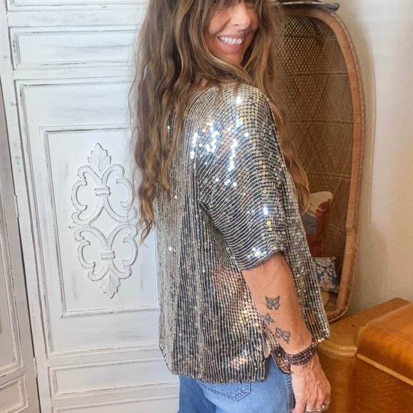 Vintage Silver Sequins Top XL 2X Deadstock Silk Boxy Crop Disco Jewel Queen - Picture 4 of 11